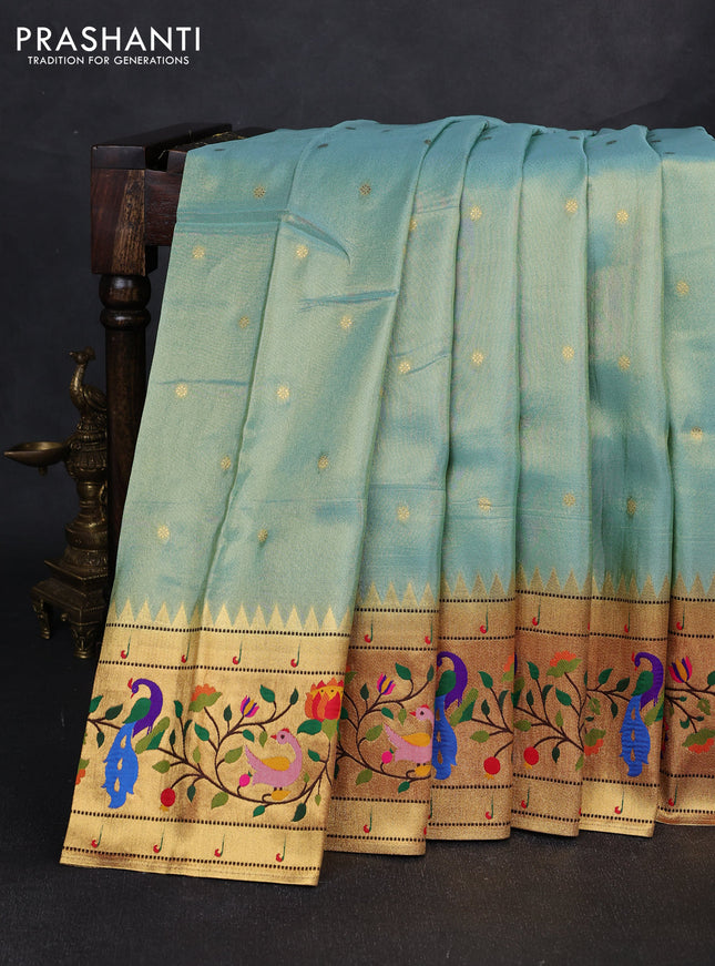 Tissue silk saree teal blue with allover zari woven buttas and paithani pallu & border