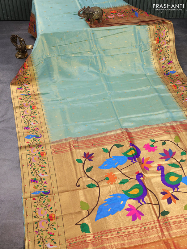 Tissue silk saree teal blue with allover zari woven buttas and paithani pallu & border