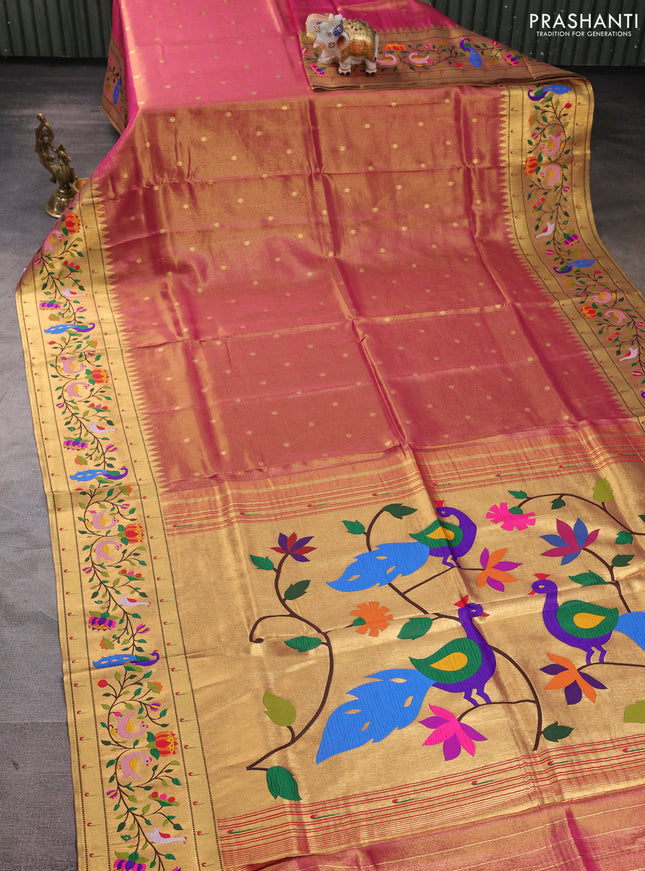 Tissue silk saree pink with allover zari woven buttas and paithani pallu & border