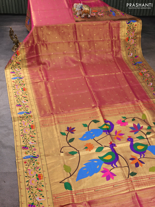 Tissue silk saree pink with allover zari woven buttas and paithani pallu & border