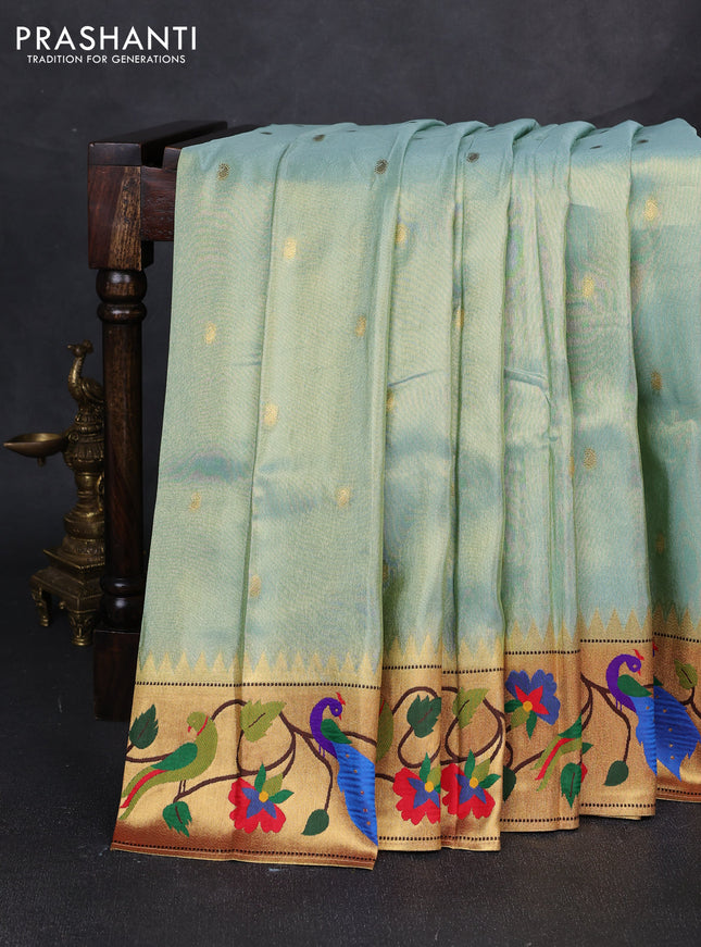 Tissue silk saree teal blue with allover zari woven buttas and paithani pallu & border