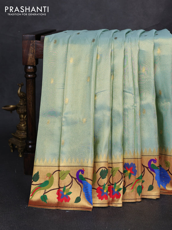 Tissue silk saree teal blue with allover zari woven buttas and paithani pallu & border