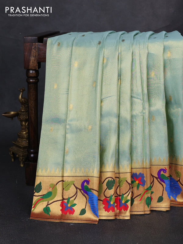Tissue silk saree teal blue with allover zari woven buttas and paithani pallu & border