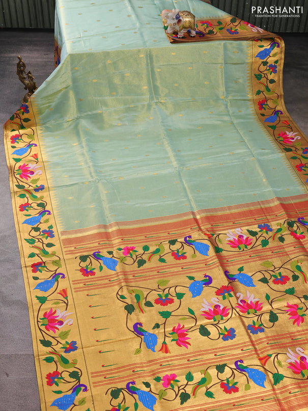 Tissue silk saree teal blue with allover zari woven buttas and paithani pallu & border