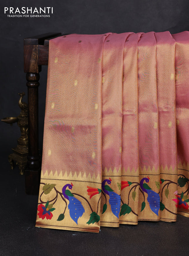 Tissue silk saree light pink with allover zari woven buttas and paithani pallu & border