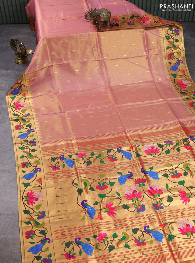 Tissue silk saree light pink with allover zari woven buttas and paithani pallu & border