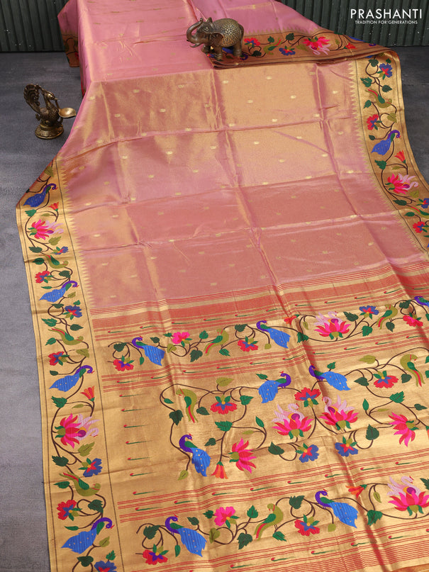 Tissue silk saree light pink with allover zari woven buttas and paithani pallu & border