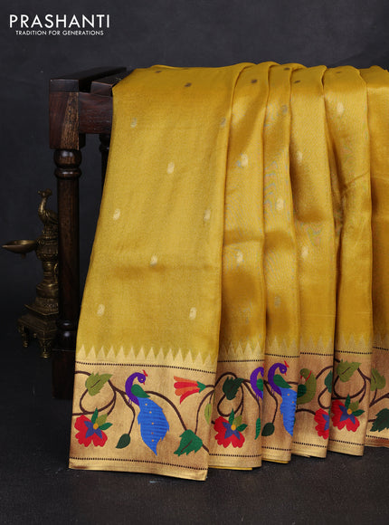 Tissue silk saree yellow with allover zari woven buttas and paithani pallu & border