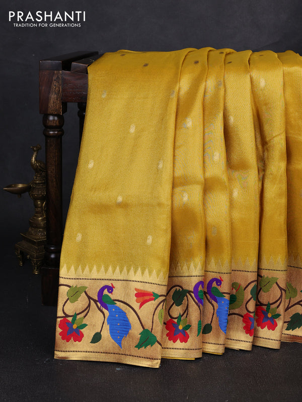 Tissue silk saree yellow with allover zari woven buttas and paithani pallu & border