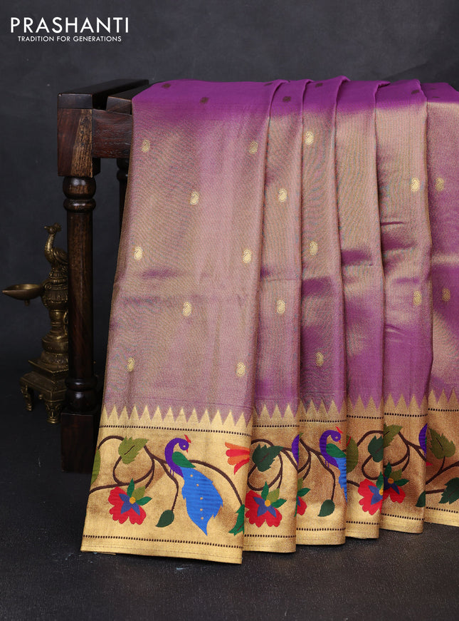 Tissue silk saree lavender with allover zari woven buttas and paithani pallu & border