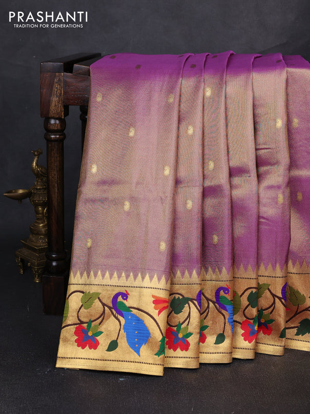 Tissue silk saree lavender with allover zari woven buttas and paithani pallu & border