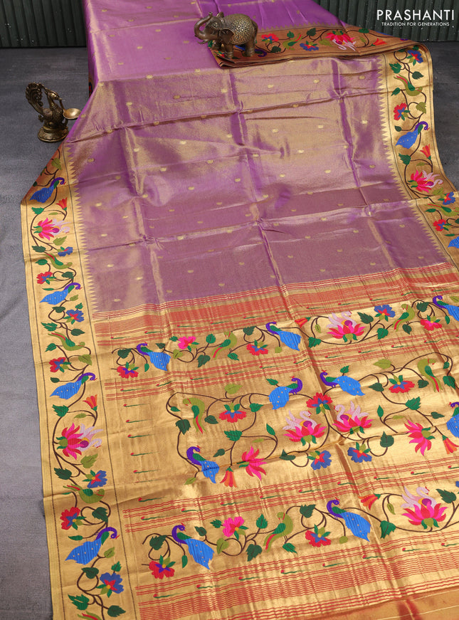 Tissue silk saree lavender with allover zari woven buttas and paithani pallu & border