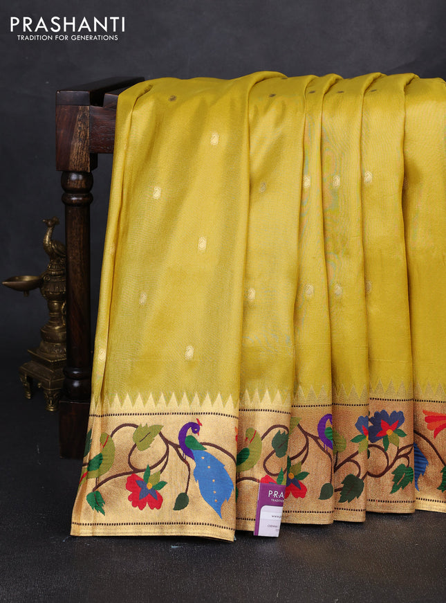 Tissue silk saree lime yellow with allover zari woven buttas and paithani pallu & border