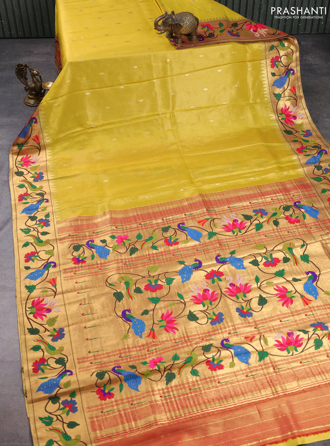 Tissue silk saree lime yellow with allover zari woven buttas and paithani pallu & border