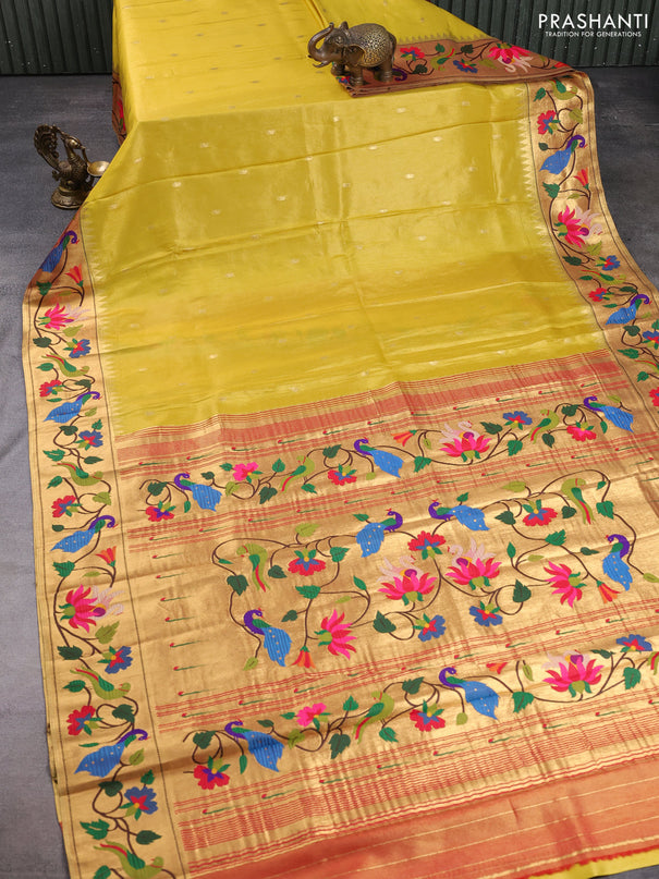Tissue silk saree lime yellow with allover zari woven buttas and paithani pallu & border