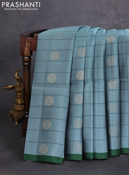 Kanchipuram soft silk saree bluish green and green with allover checks & zari woven buttas and piping border