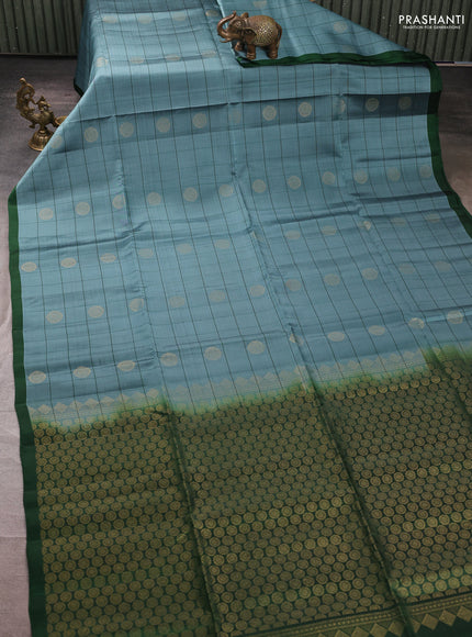 Kanchipuram soft silk saree bluish green and green with allover checks & zari woven buttas and piping border