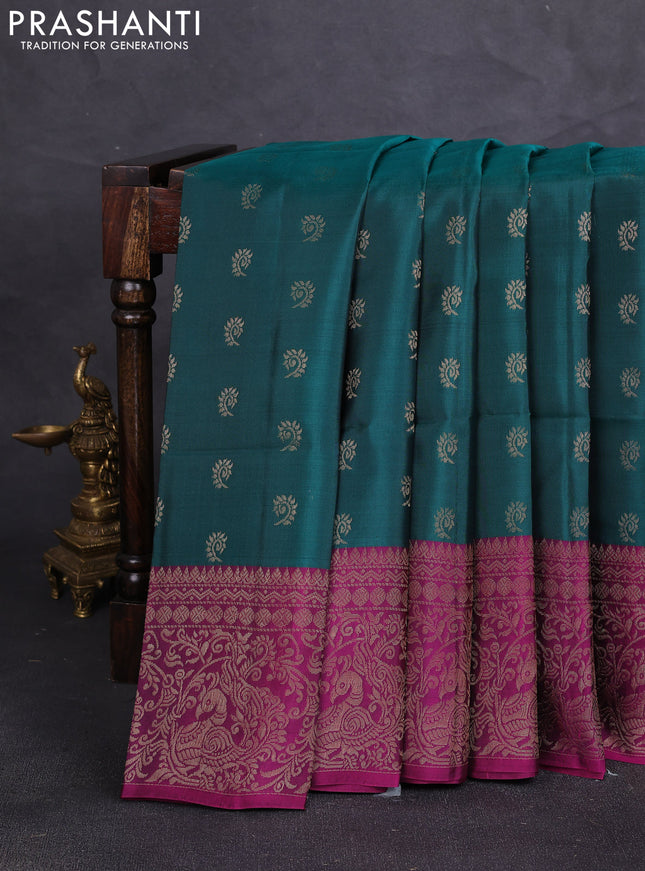 Kanchipuram soft silk saree green and magenta pink with allover zari woven buttas and zari woven border