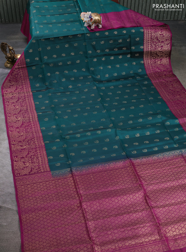 Kanchipuram soft silk saree green and magenta pink with allover zari woven buttas and zari woven border