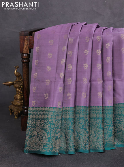 Kanchipuram soft silk saree rosy brown and teal green with allover zari woven buttas and zari woven border