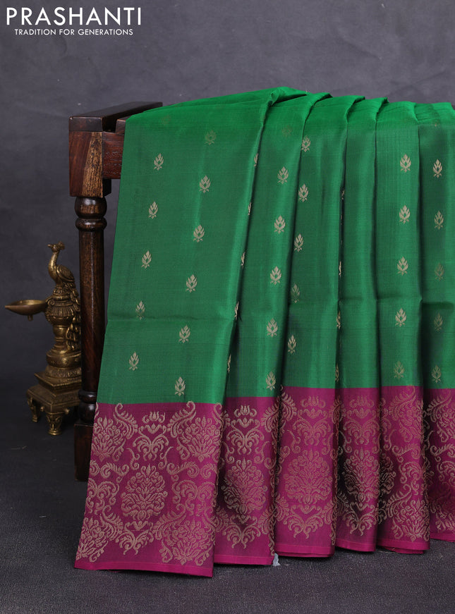 Kanchipuram soft silk saree green and magenta pink with allover zari woven buttas and zari woven border