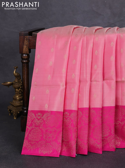 Kanchipuram soft silk saree peach pink and pink with allover zari woven buttas and long zari woven border