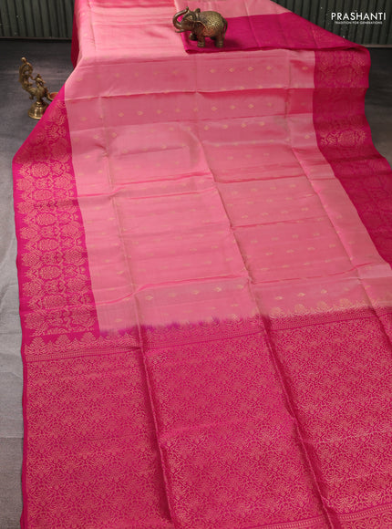 Kanchipuram soft silk saree peach pink and pink with allover zari woven buttas and long zari woven border