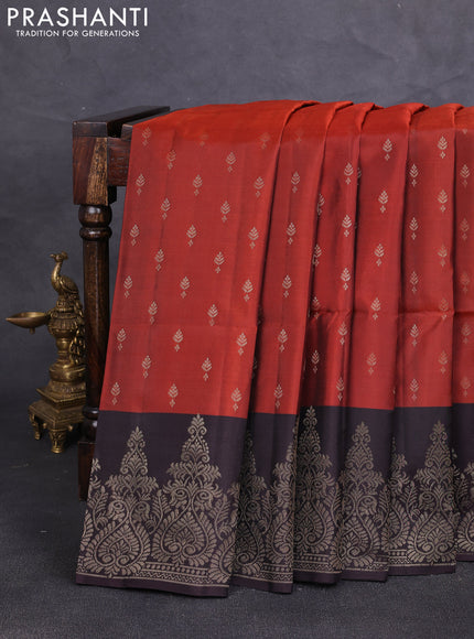 Kanchipuram soft silk saree rust shade and coffee brown with allover zari woven buttas and zari woven border
