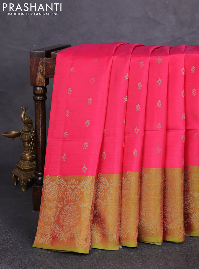 Kanchipuram soft silk saree peach pink and light green with allover zari woven buttas and zari woven border