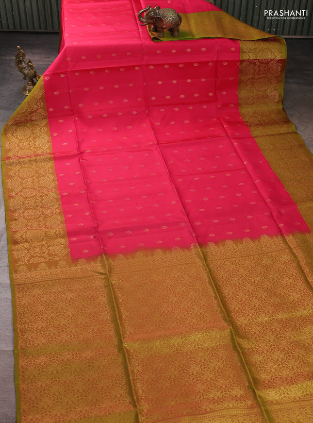 Kanchipuram soft silk saree peach pink and light green with allover zari woven buttas and zari woven border