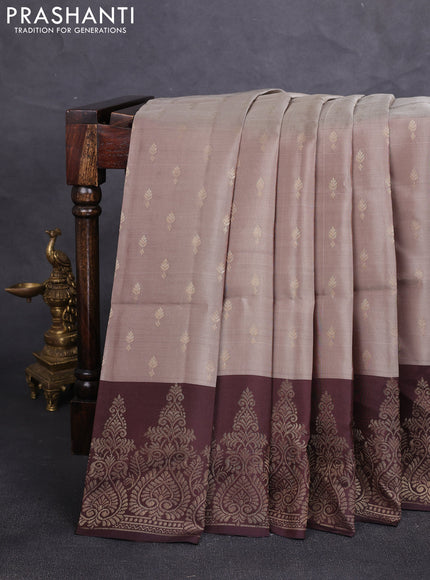 Kanchipuram soft silk saree dark beige and coffee brown with allover zari woven buttas and zari woven border