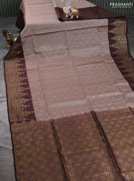 Kanchipuram soft silk saree dark beige and coffee brown with allover zari woven buttas and zari woven border