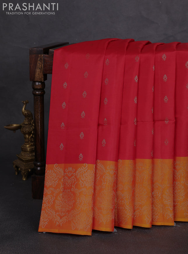 Kanchipuram soft silk saree red and sunset orange with allover zari woven buttas and zari woven border