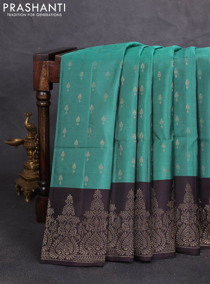 Kanchipuram soft silk saree teal green and coffee brown with allover zari woven buttas and zari woven border