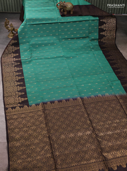 Kanchipuram soft silk saree teal green and coffee brown with allover zari woven buttas and zari woven border