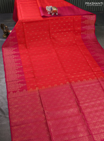 Kanchipuram soft silk saree red and pink with allover zari woven buttas and long zari woven border