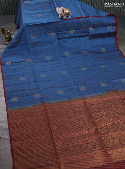 Kanchipuram soft silk saree peacock green and maroon with allover zari checks & buttas and piping border