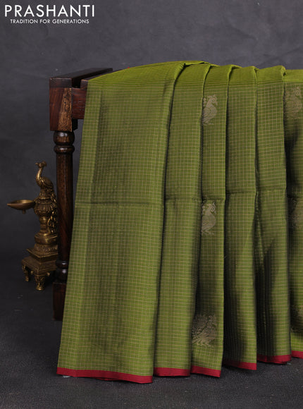 Kanchipuram soft silk saree mehendi green and maroon with allover zari checks & buttas and piping border