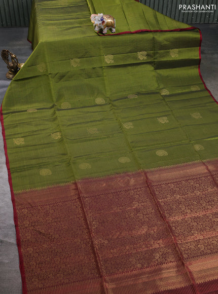 Kanchipuram soft silk saree mehendi green and maroon with allover zari checks & buttas and piping border