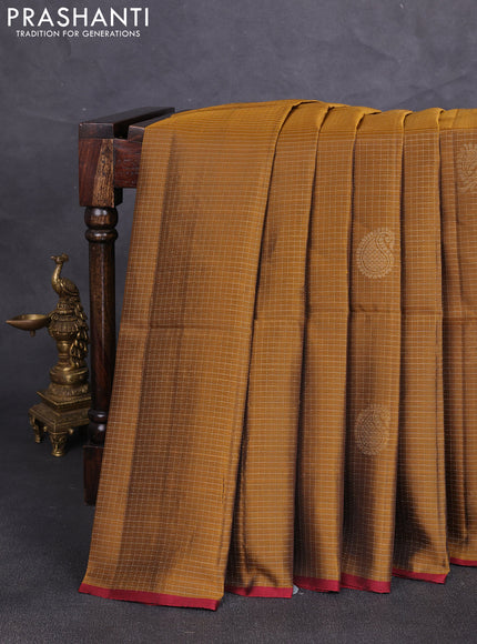 Kanchipuram soft silk saree dark mustard and deep maroon with allover zari checks & buttas and piping border