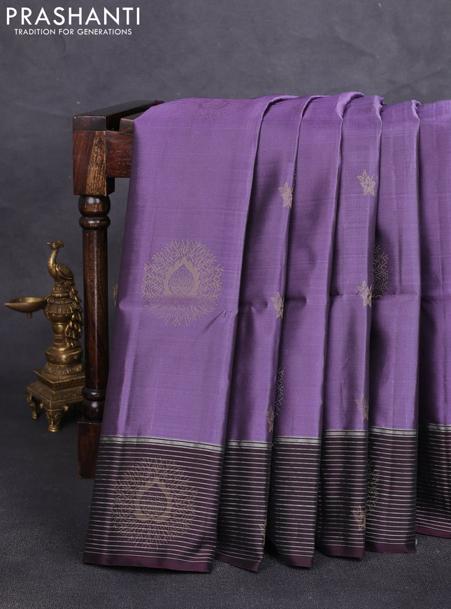 Kanchipuram soft silk saree lavender and deep maroon with allover zari woven buttas and zari woven butta border