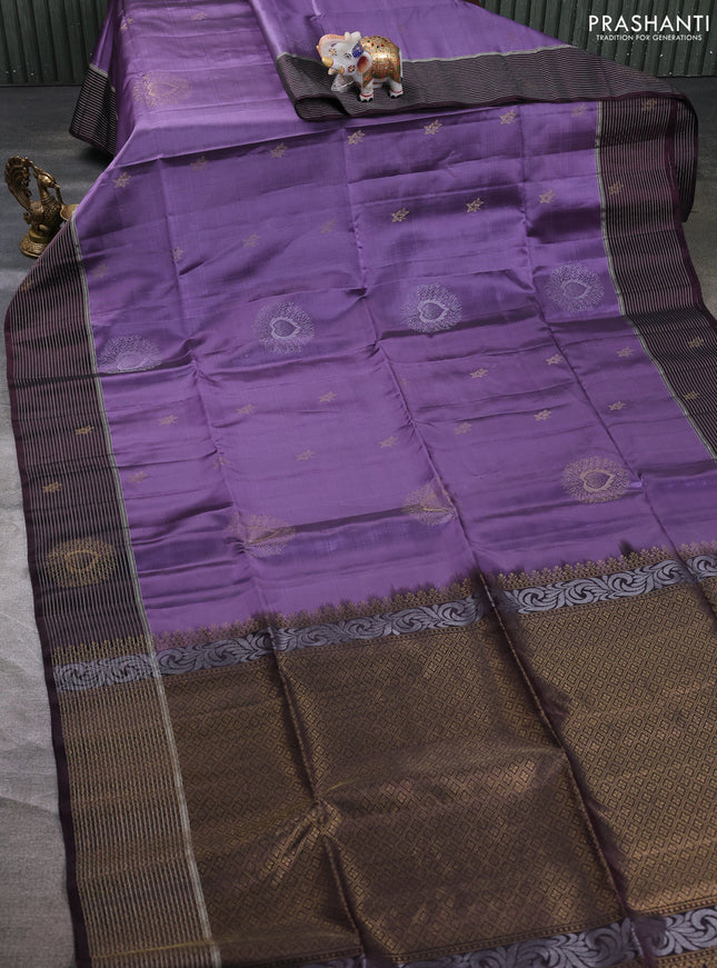 Kanchipuram soft silk saree lavender and deep maroon with allover zari woven buttas and zari woven butta border