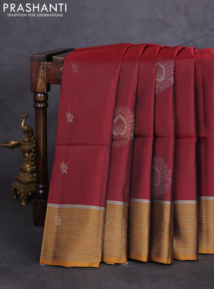 Kanchipuram soft silk saree deep maroon and dark mustard with allover zari woven buttas and zari woven butta border