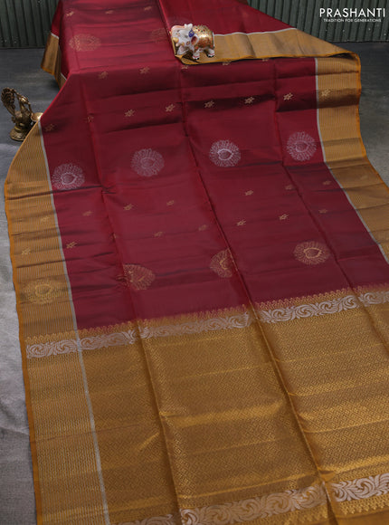 Kanchipuram soft silk saree deep maroon and dark mustard with allover zari woven buttas and zari woven butta border