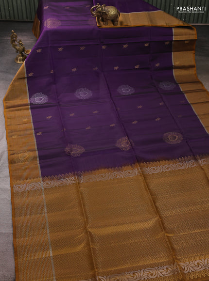 Kanchipuram soft silk saree violet and dark mustard with allover zari woven buttas and zari woven border