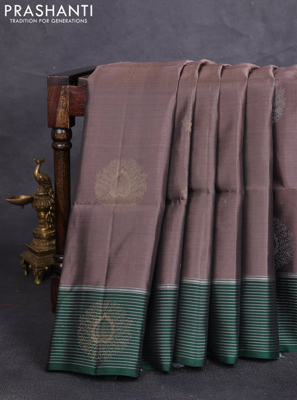 Kanchipuram soft silk saree rosy brown and bottle green with allover zari woven buttas and zari woven border