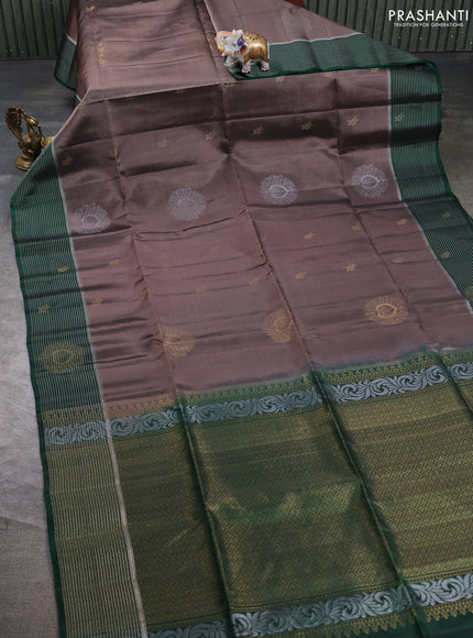 Kanchipuram soft silk saree rosy brown and bottle green with allover zari woven buttas and zari woven border