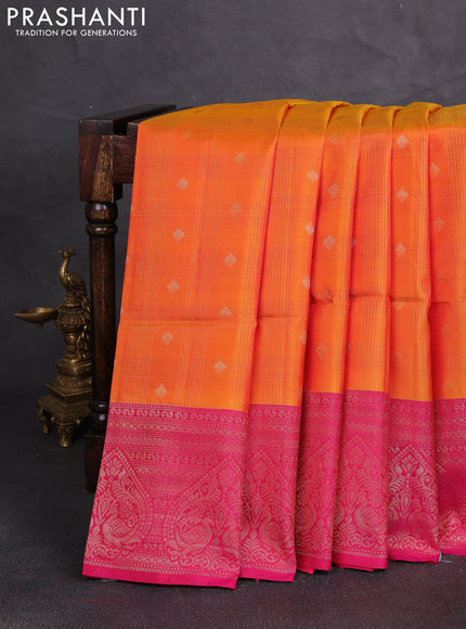 Kanchipuram soft silk saree sunset orange and pink with allover checks & zari woven buttas and zari woven border