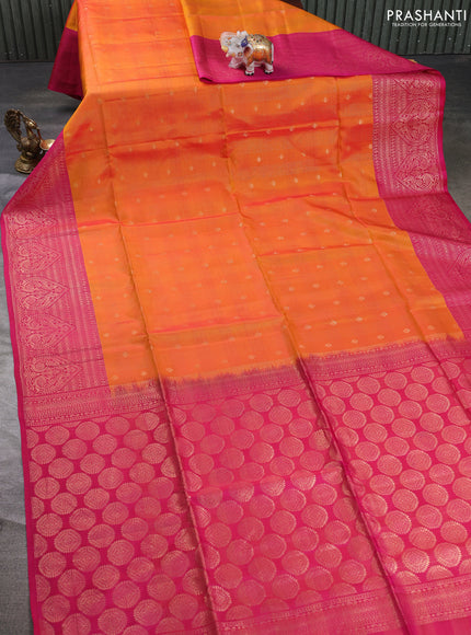 Kanchipuram soft silk saree sunset orange and pink with allover checks & zari woven buttas and zari woven border