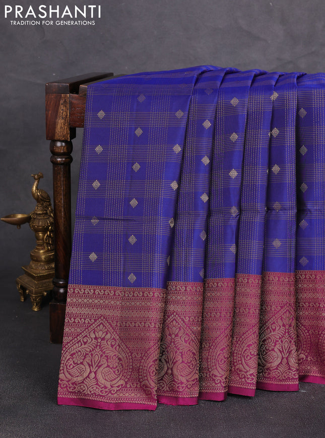 Kanchipuram soft silk saree peacock blue and magenta pink with allover checks & zari woven buttas and zari woven border